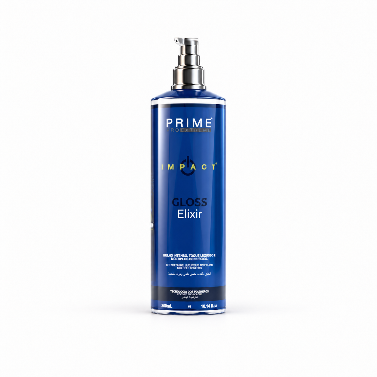 Impact Gloss Elixir 300 ml | Prime Pro Extreme Frasco azul do Impact Gloss Elixir 300 ml, da Prime Pro Extreme, com válvula pump sobre fundo branco.
